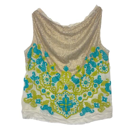 NAMRATA JOSHIPURA Floral Embroidered Silk Blouse Teal Gold Sequins Tassels Sz M - Picture 8 of 11